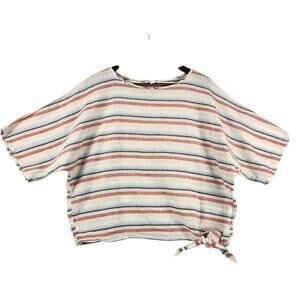 Beach Lunch Lounge Collection Top Women S/P Cream Multi Striped Tie Linen Cotton